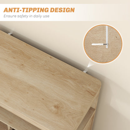 Light wood sideboard top with wall-mounted anti-tip bracket detail