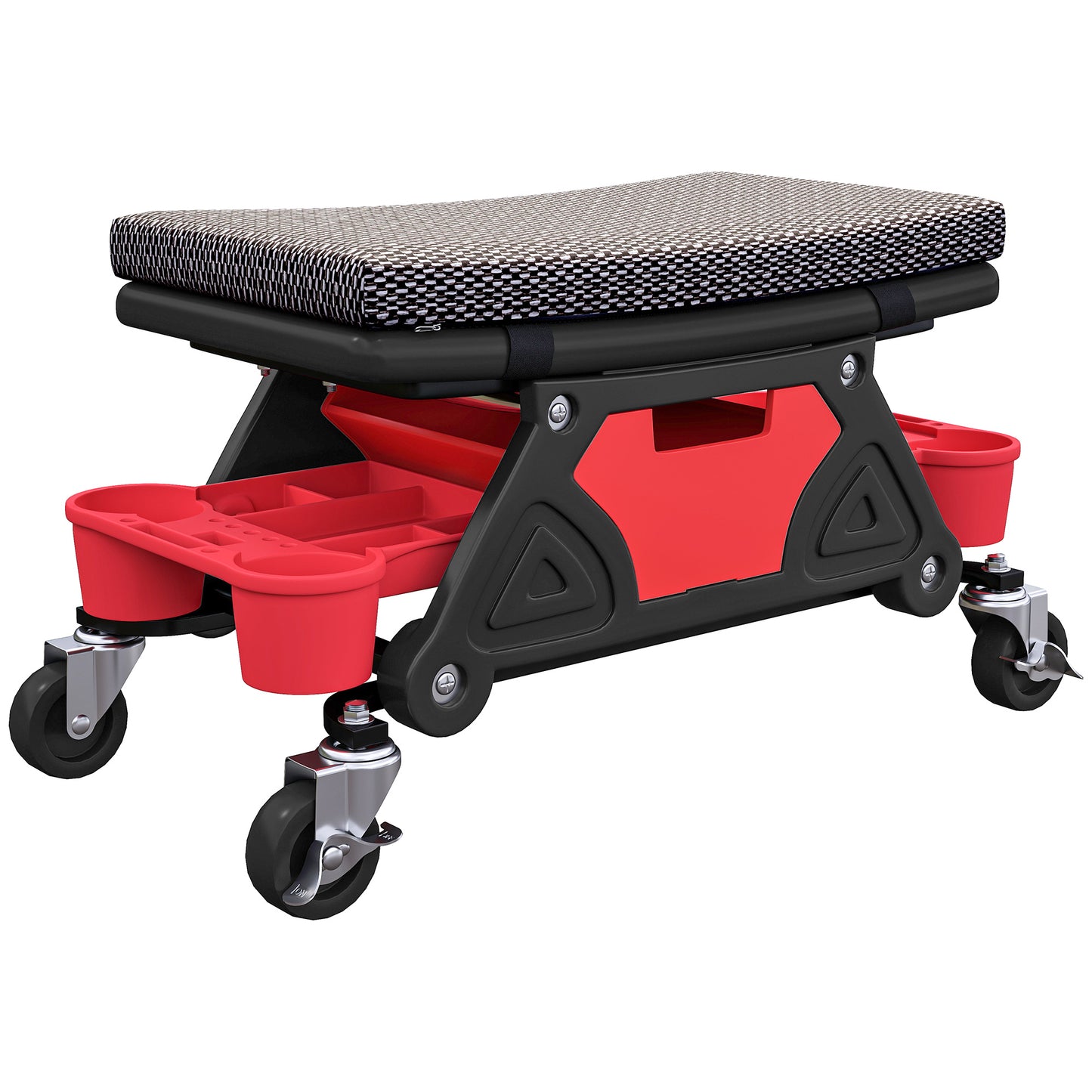 Photo of HOMCOM Rolling Mechanic Stool, 135kg Capacity Workshop Stool, 360° Swivel Roller Padded Creeper Seat with Wheels, Slide Out Tool Trays and Drawer for Garage, Shop, Auto Repair, Black in Black colour on a white background