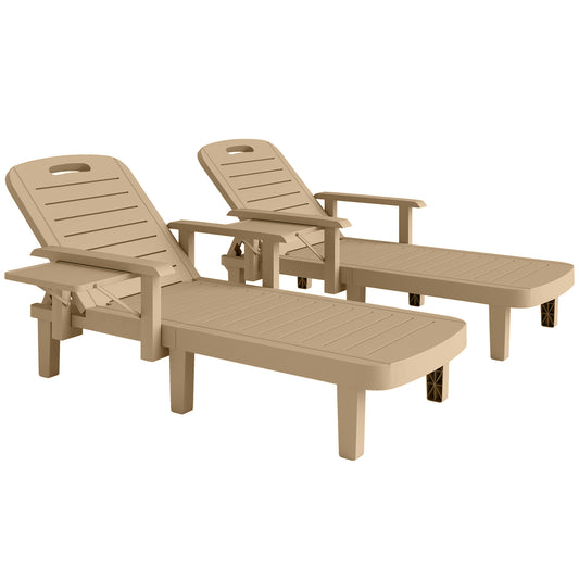Photo of Outsunny Set of 2 Reclining Sun Loungers, 5 Positions Adjustable Outdoor Chaise Lounge Chair with Armrests, Khaki in Khaki colour on a white background