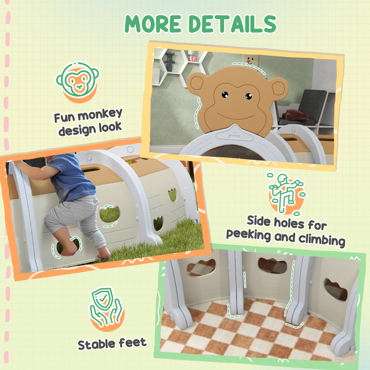 AIYAPLAY monkey play tunnel showing side holes, climbing access and stable feet