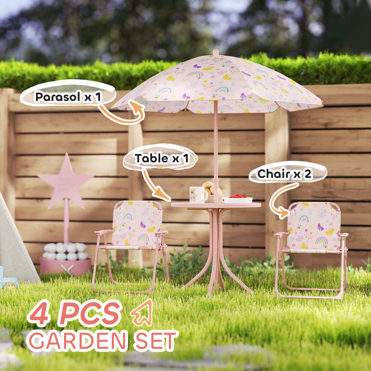 AIYAPLAY 4-Piece Kids Garden Table and Chair Set with Adjustable Parasol, Folding Chairs, Table, Rainbow Pattern, Pink