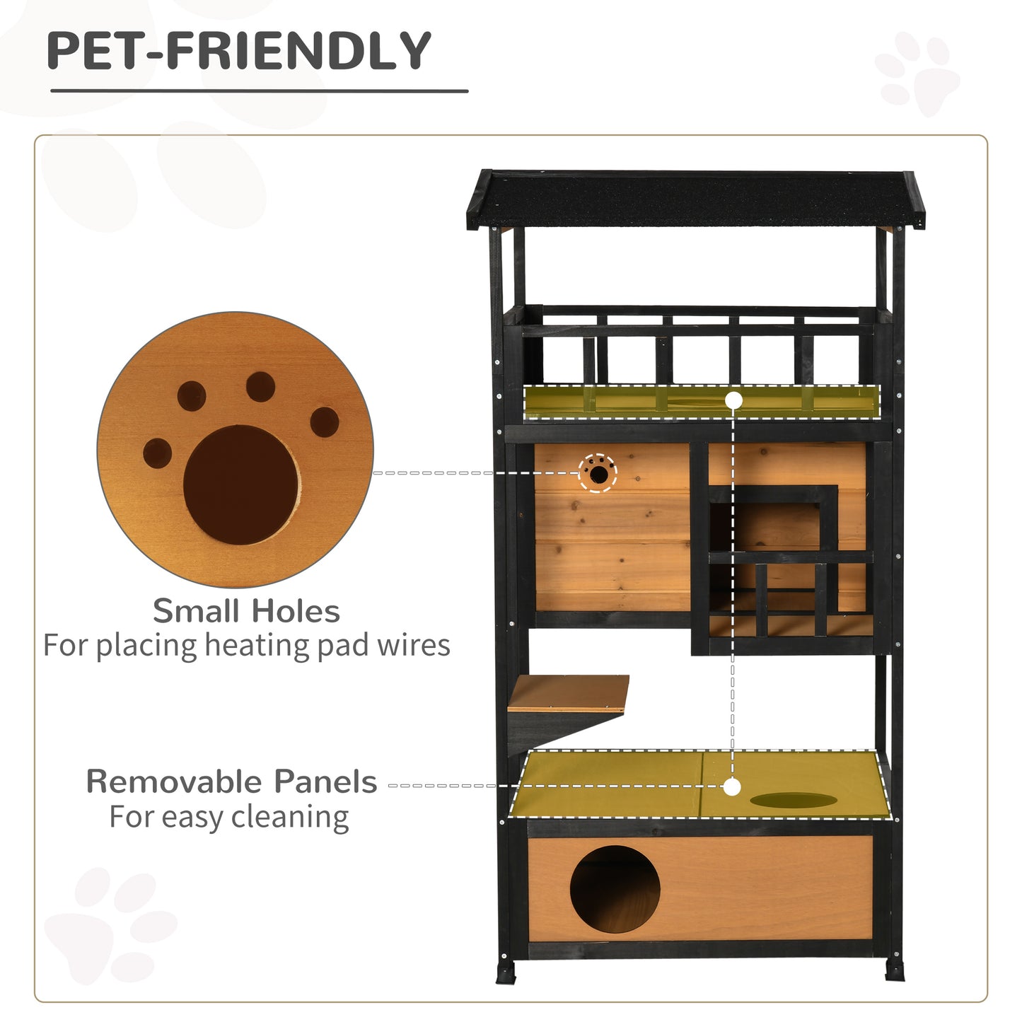 PawHut Wooden Outdoor Cat House, 3-Tier Cat Shelter with Tilted Roof, Terrace, Jump Step, Bottom Tray and Elevated Base, Waterproof Paint, Yellow