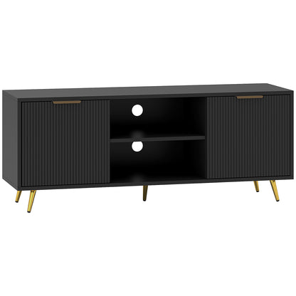 HOMCOM black TV stand with two fluted cabinets, open shelves, and gold-tone legs
