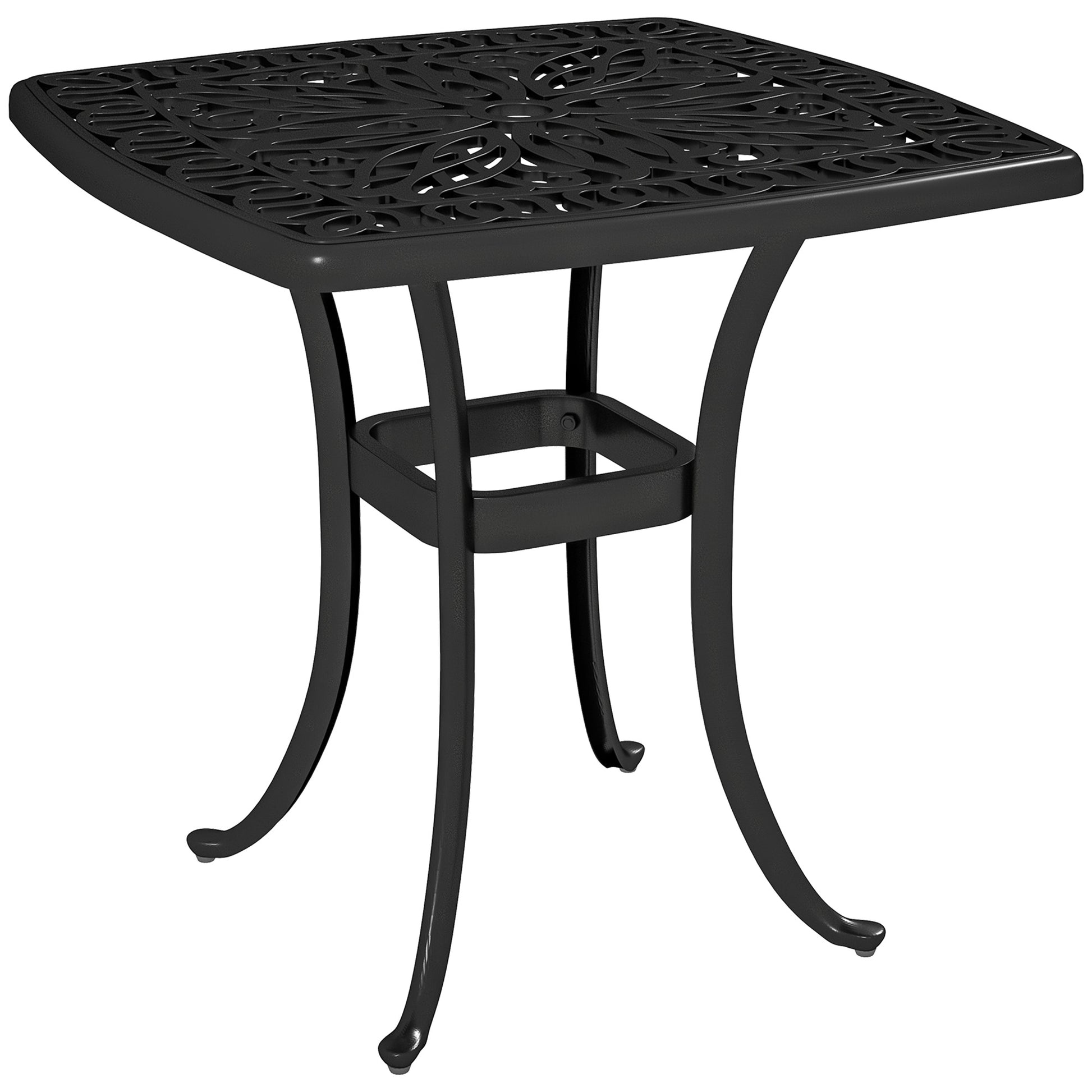 Photo of Outsunny Outdoor Garden Table, Cast Aluminium Patio End Table with Umbrella Hole and Anti-slip Foot Pads for Garden, Patio, Balcony, 54 x 54 cm, Black in Black colour on a white background