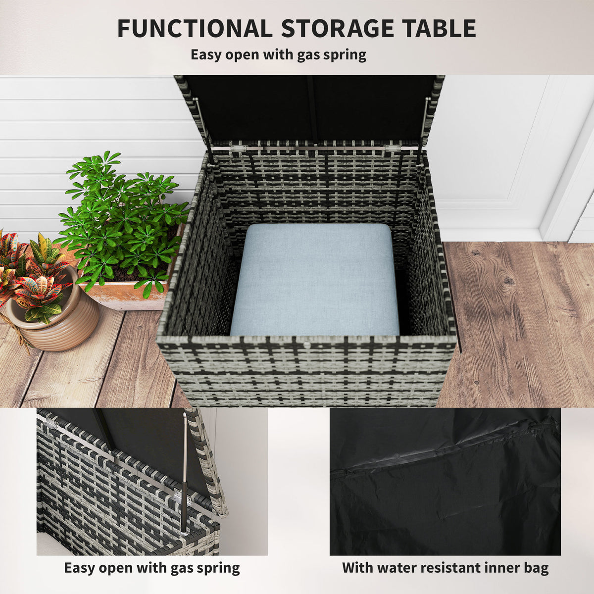Open wicker storage table with a cushion inside and a water-resistant liner