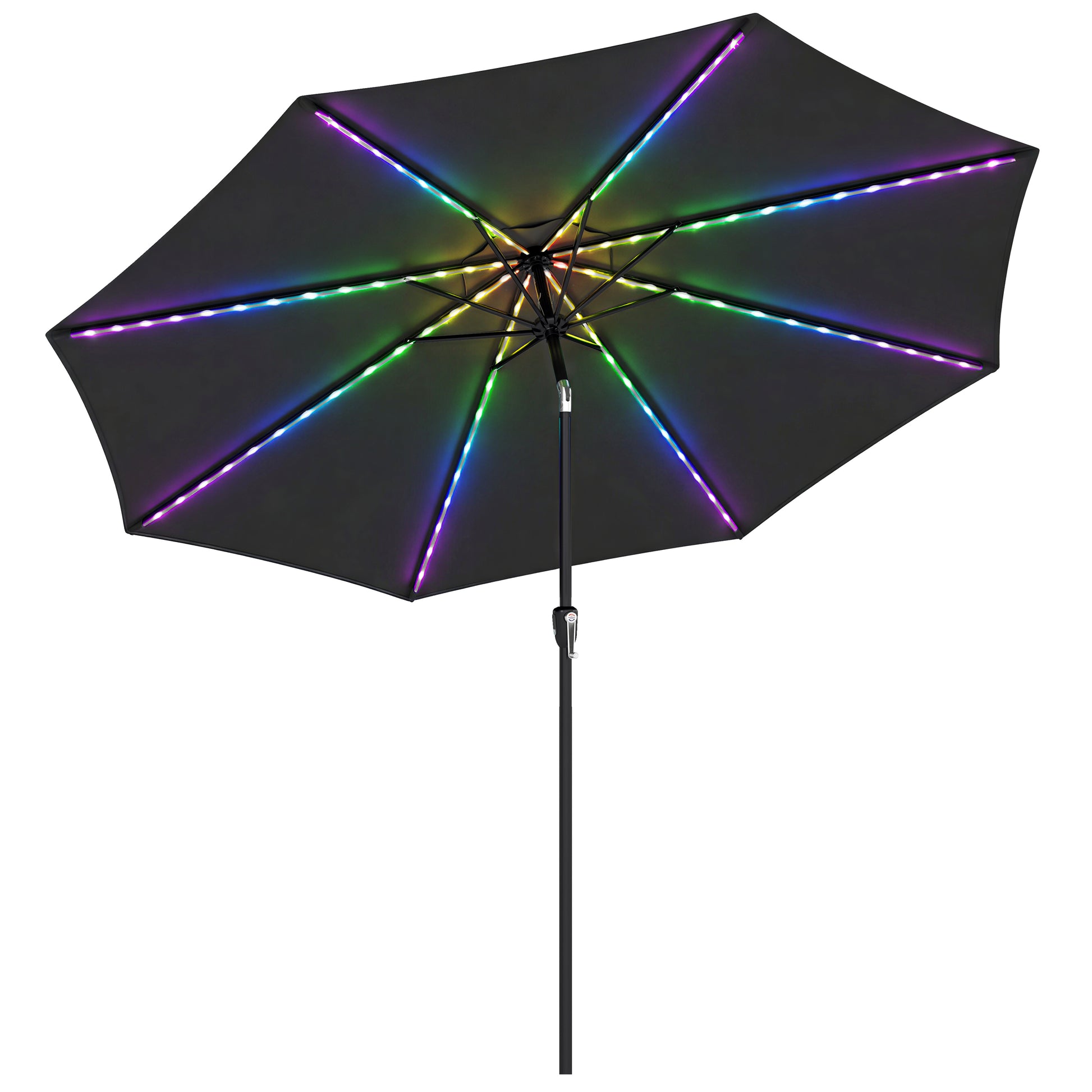 Photo of Outsunny 3 m Garden Parasol Umbrella with 112 Solar Powered LED Lights, Patio Umbrella with Crank Handle, Black in Black colour on a white background