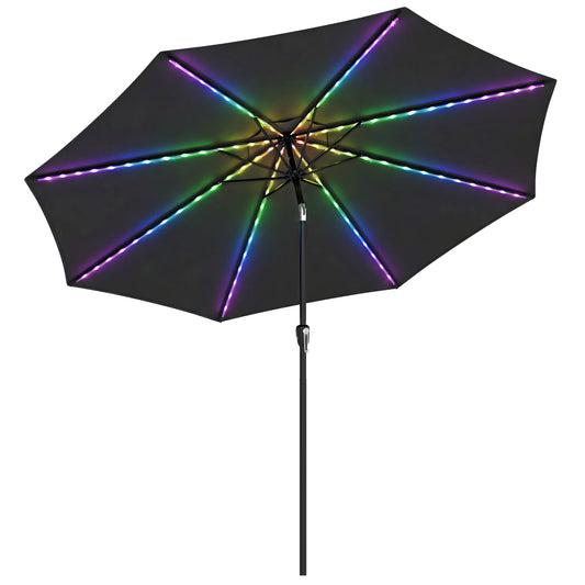 Photo of Outsunny 3 m Garden Parasol Umbrella with 112 Solar Powered LED Lights, Patio Umbrella with Crank Handle, Black in Black colour on a white background