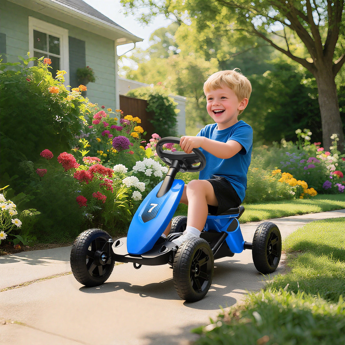 AIYAPLAY Pedal Go Kart for Kids 2-5 Years, with Silent EVA Wheels, Metal Frame, Blue