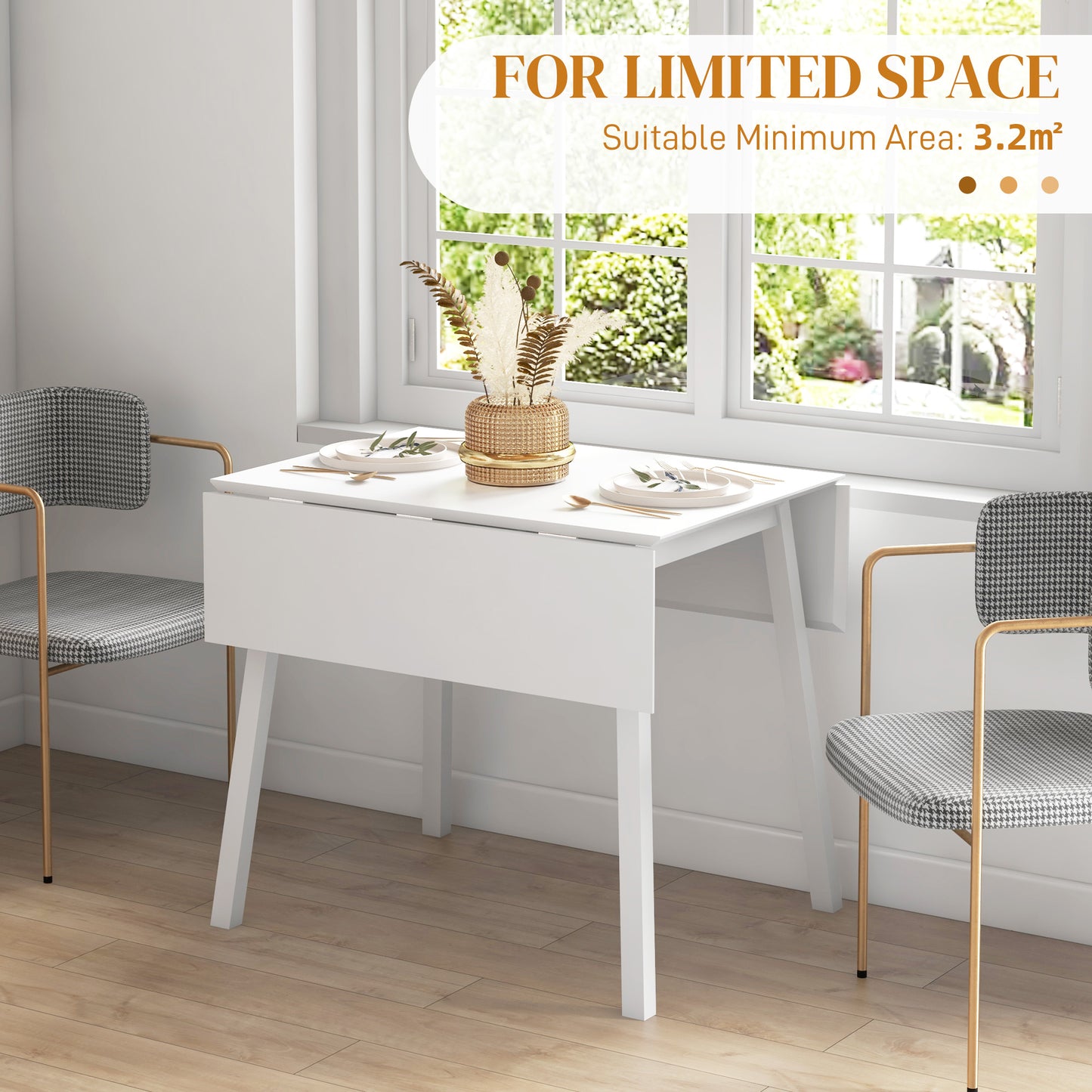 HOMCOM Solid Wood Folding Dining Table, Drop Leaf Table for 2-4 People, Rectangle Kitchen Table for Small Space, White