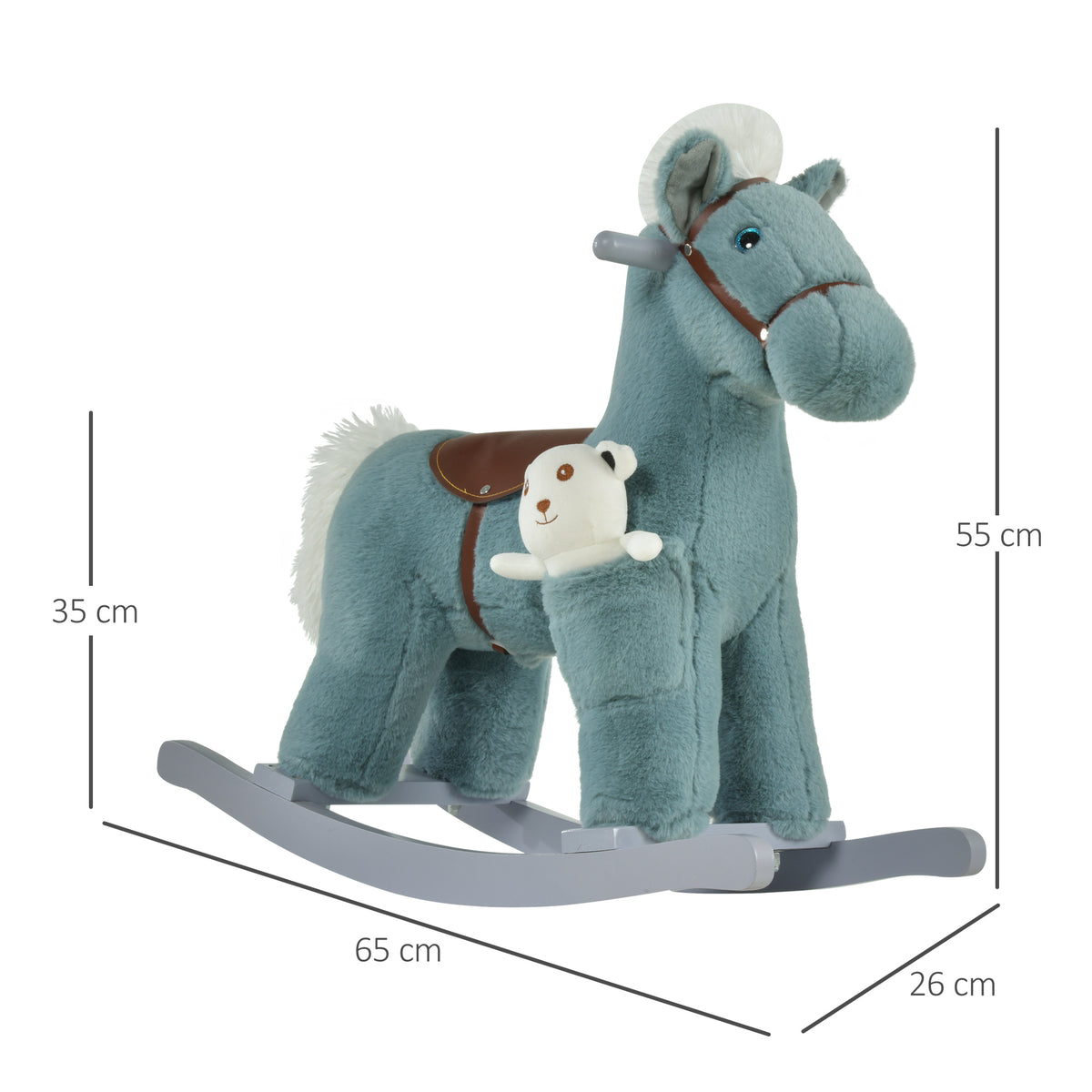 Blue plush rocking horse with attached white toy and size dimensions shown