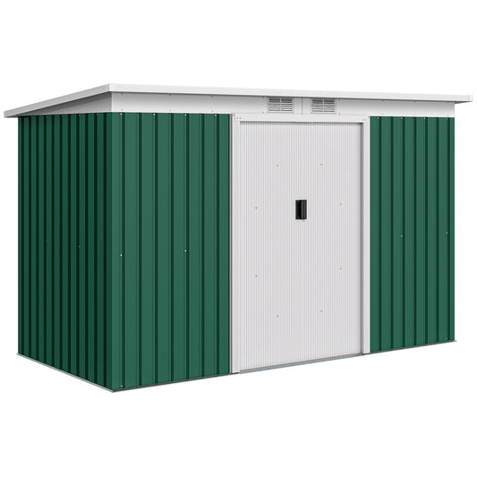 Photo of Outsunny 9ft x 4ft Metal Garden Shed, Outdoor Tool House with Foundation Kit, Ventilations and Double Doors, Deep Green in Green colour on a white background
