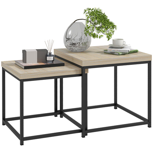 Photo of HOMCOM Coffee Table Set of 2, Nest of Tables with 3.5cm Thick Tabletop, Oak in Oak colour on a white background