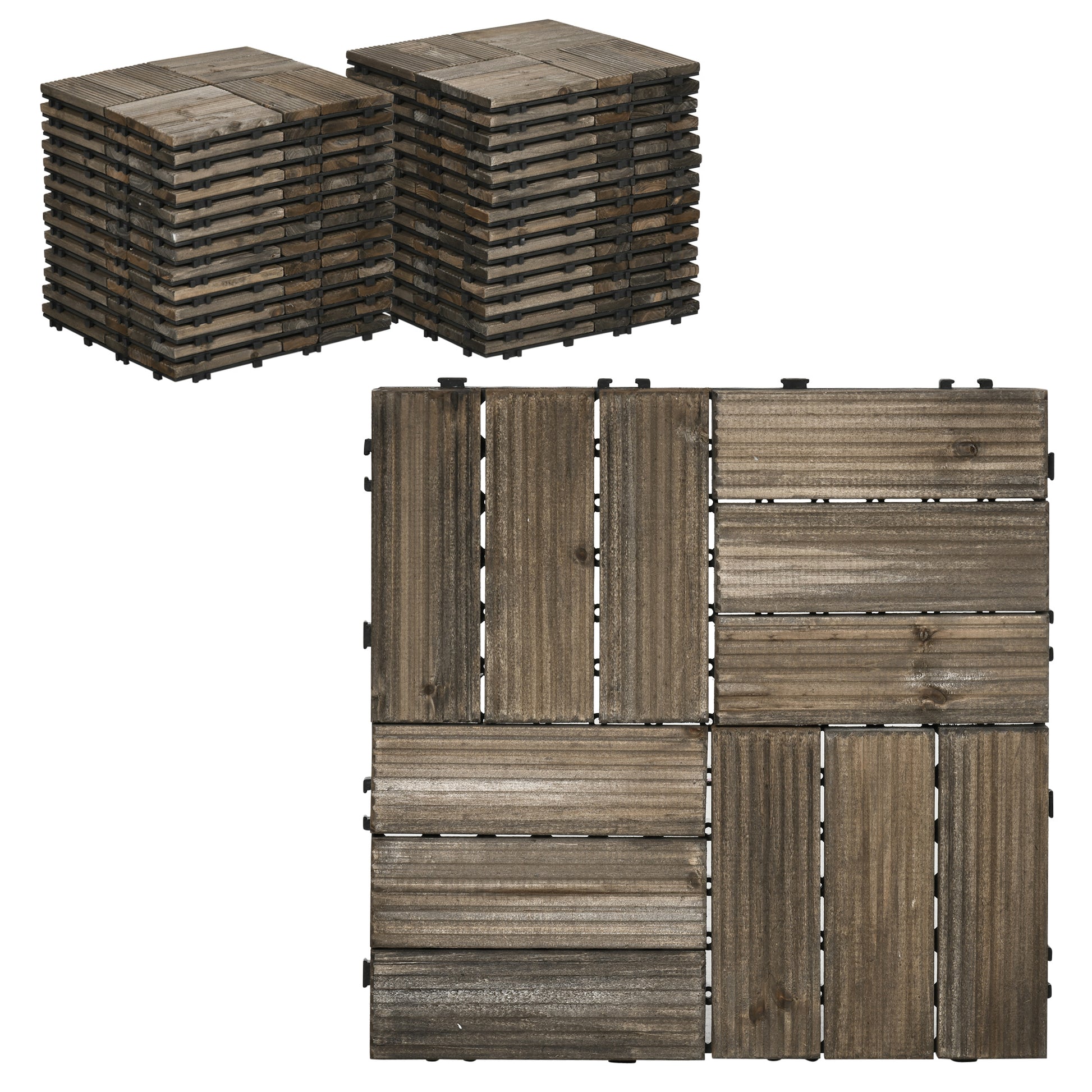 Photo of Outsunny 27 Pcs Wooden Interlocking Decking Tiles, Outdoor Flooring Tiles for Patio, Balcony, Terrace, Hot Tub, 30 x 30 cm per Piece, 2.5㎡ per Pack, Charcoal Grey in Grey colour on a white background