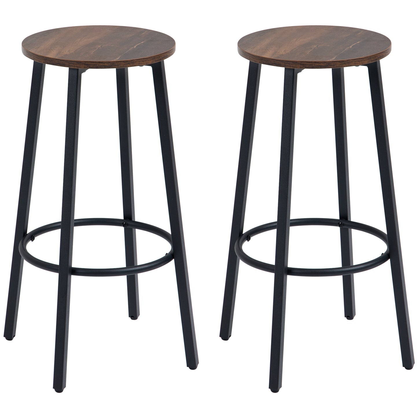 Photo of HOMCOM Bar Stools, Set of 2 Kitchen Breakfast Stools with Sturdy Steel Frame, Industrial Tall Bar Chairs, 65cm High Seat, Rustic Brown in Brown colour on a white background