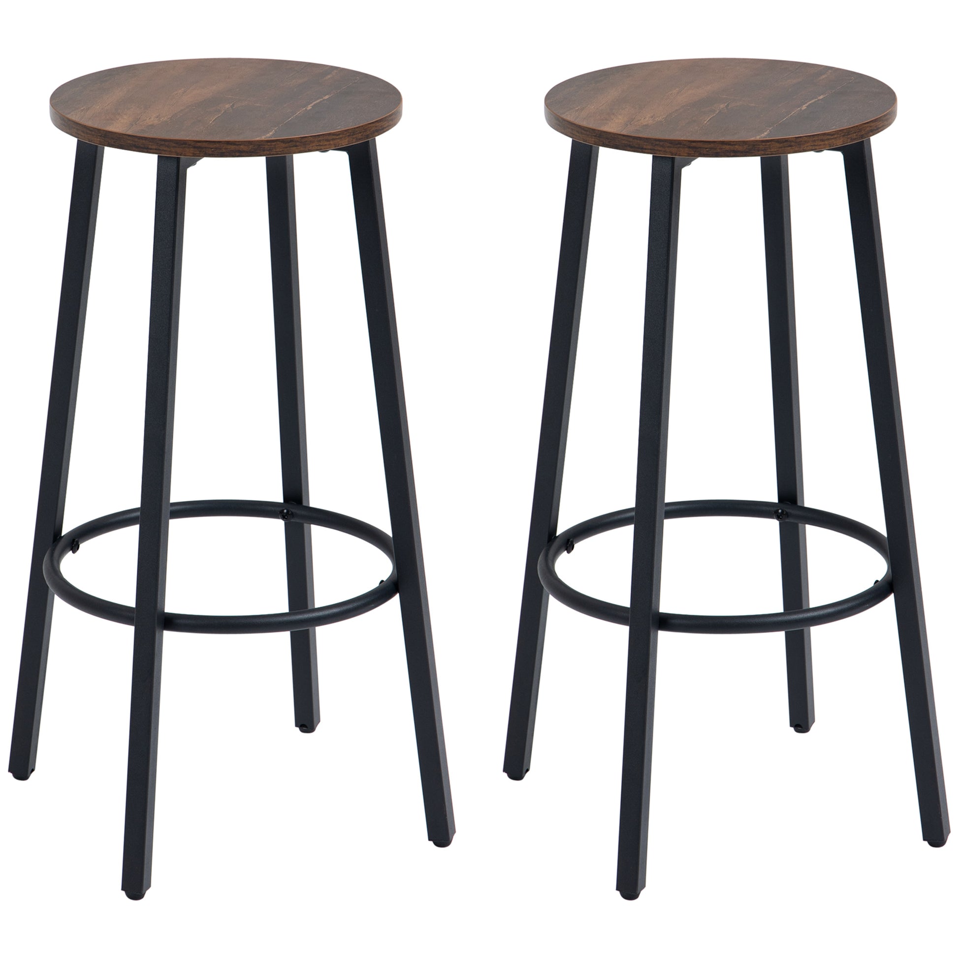 Photo of HOMCOM Bar Stools, Set of 2 Kitchen Breakfast Stools with Sturdy Steel Frame, Industrial Tall Bar Chairs, 65cm High Seat, Rustic Brown in Brown colour on a white background