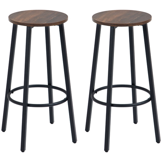 Photo of HOMCOM Bar Stools, Set of 2 Kitchen Breakfast Stools with Sturdy Steel Frame, Industrial Tall Bar Chairs, 65cm High Seat, Rustic Brown in Brown colour on a white background