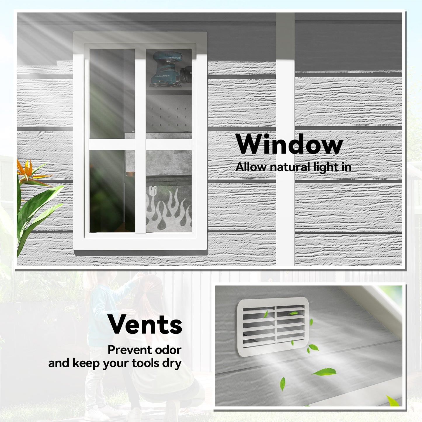 Outsunny 6 x 5ft Garden Shed, Plastic Shed with Floor, Window, Lockable Doors and Vents, Wood Effect Resin Tool Shed for Outdoor Patio, Dark Grey