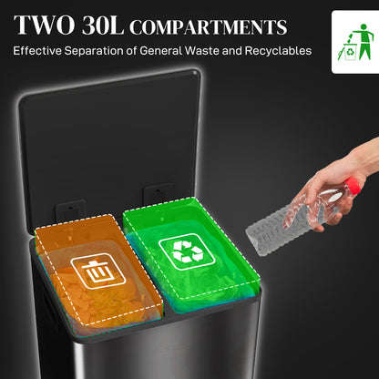 Open dual-compartment bin with removable 30L buckets for waste and recycling
