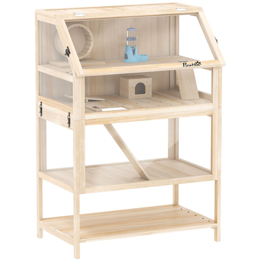 Photo of PawHut Wooden Hamster Cage with Detachable Lower Floor, Storage Shelf, Hut, Seesaw, Exercise Wheel, Ramps for Hamster in Hamster colour on a white background