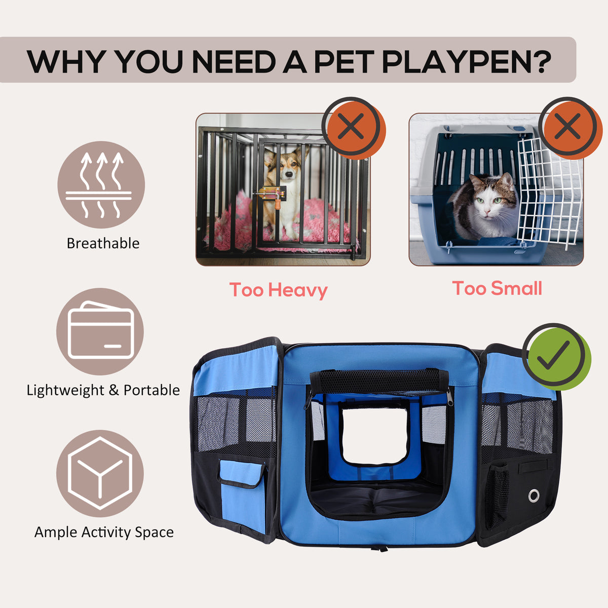 PawHut 600D Oxford Soft Fabric Kennel, Portable Lightweight Cat Dog Playpen, Foldable Pet Puppy Rabbit Guinea Pig Pen Run Dia 90 x 41H cm Indoor & Outdoor Blue