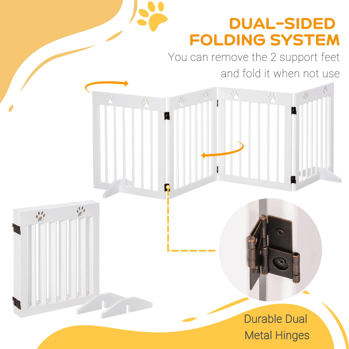 PawHut white folding pet gate with removable support feet and metal hinges