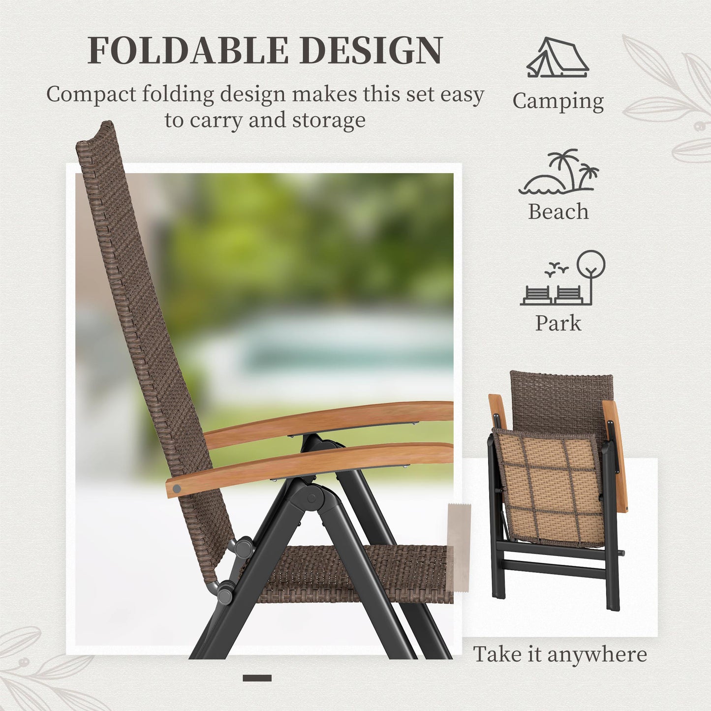 Outsunny Folding Rattan Garden Dining Chair with 5-level Reclining High Back, Wood Armrests for Outdoor, Patio - Brown