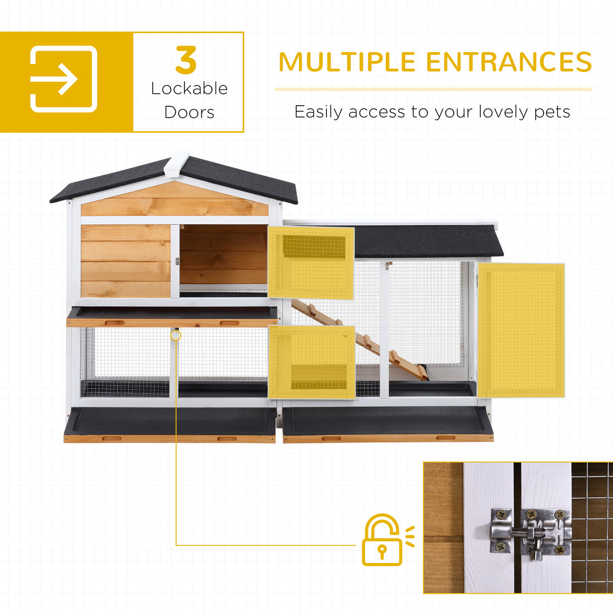 PawHut 2 Tier Rabbit Hutch with No-leak Plastic Trays Wooden Guinea Pig Hutch with Run, Yellow