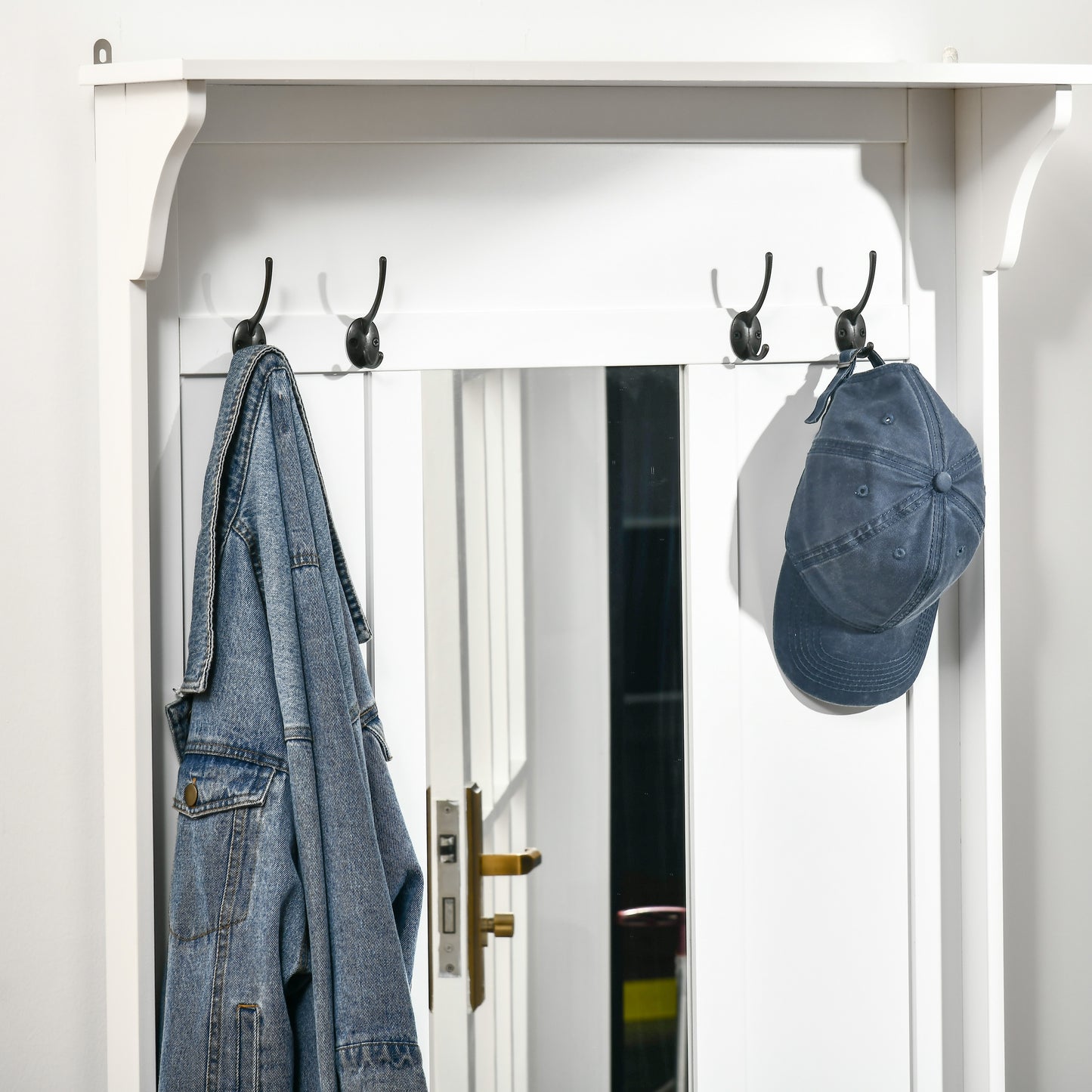 HOMCOM Hallway Furniture Set Shoe Bench Storage Mirror Cabinet Coat Rack Multiple Cubes Hangers Organiser Shelves w/ 4 Hooks