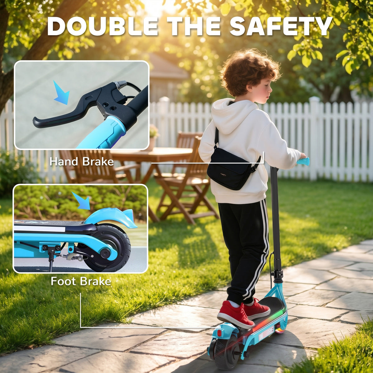 AIYAPLAY blue electric scooter with hand brake and rear foot brake