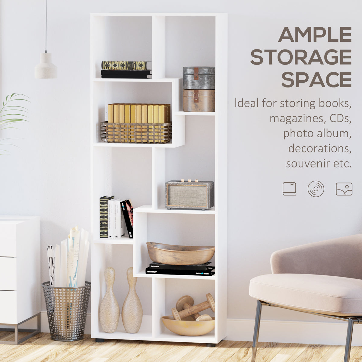 White open-shelf room divider with books, storage boxes and decorative objects