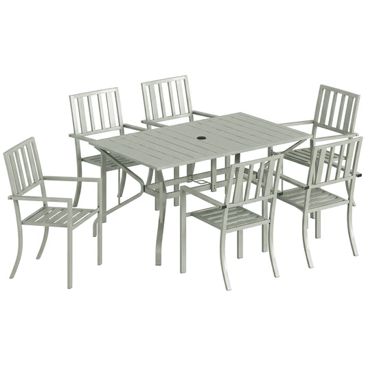 Photo of Outsunny 7 Pieces Garden Table and Chairs, 6 Seater Outdoor Table and Chairs with Umbrella Hole, for Garden, Light Grey in Grey colour on a white background