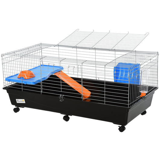Photo of PawHut Steel Medium 2-Tier Small Guinea Pigs Hutches w/ Accessories Blue/Orange in Blue/Orange colour on a white background