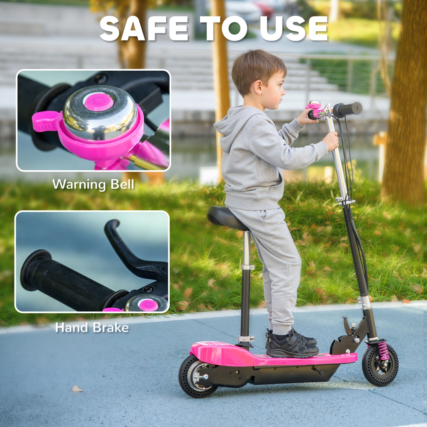 HOMCOM Steel Ride on Powered Scooter, Folding E-Scooter with Warning Bell, 15km/h Maximum Speed, for 6-14 Years Old, Pink