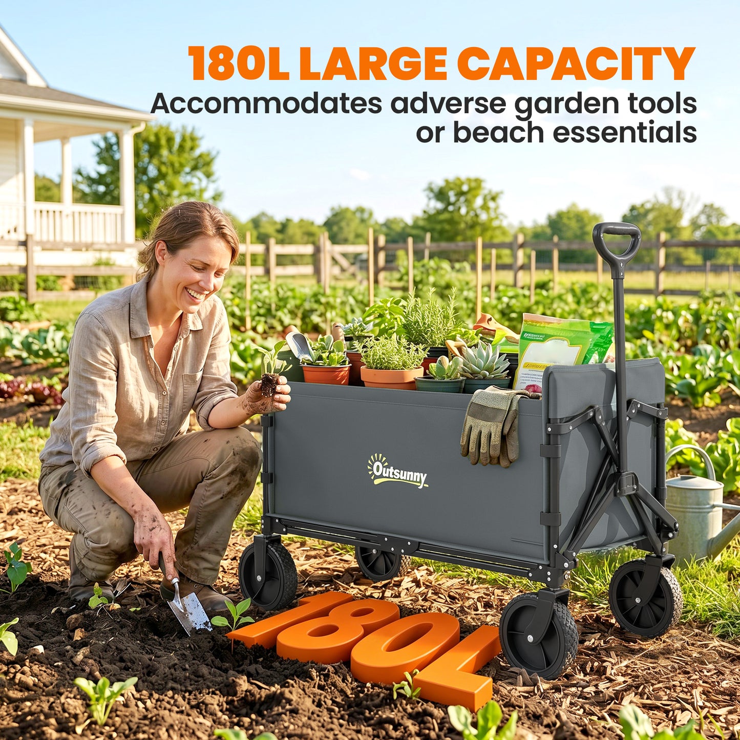 Outsunny 180L Festival Trolley on Wheels, Folding Compact Camping Trolley Cart with Adjustable Handle, 120 KG Capacity for Garden, Beach, Fishing, Grey