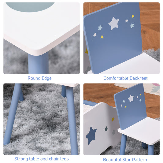 Close-ups of a kids' table and chair set with rounded white edges, blue legs and star-patterned backs.