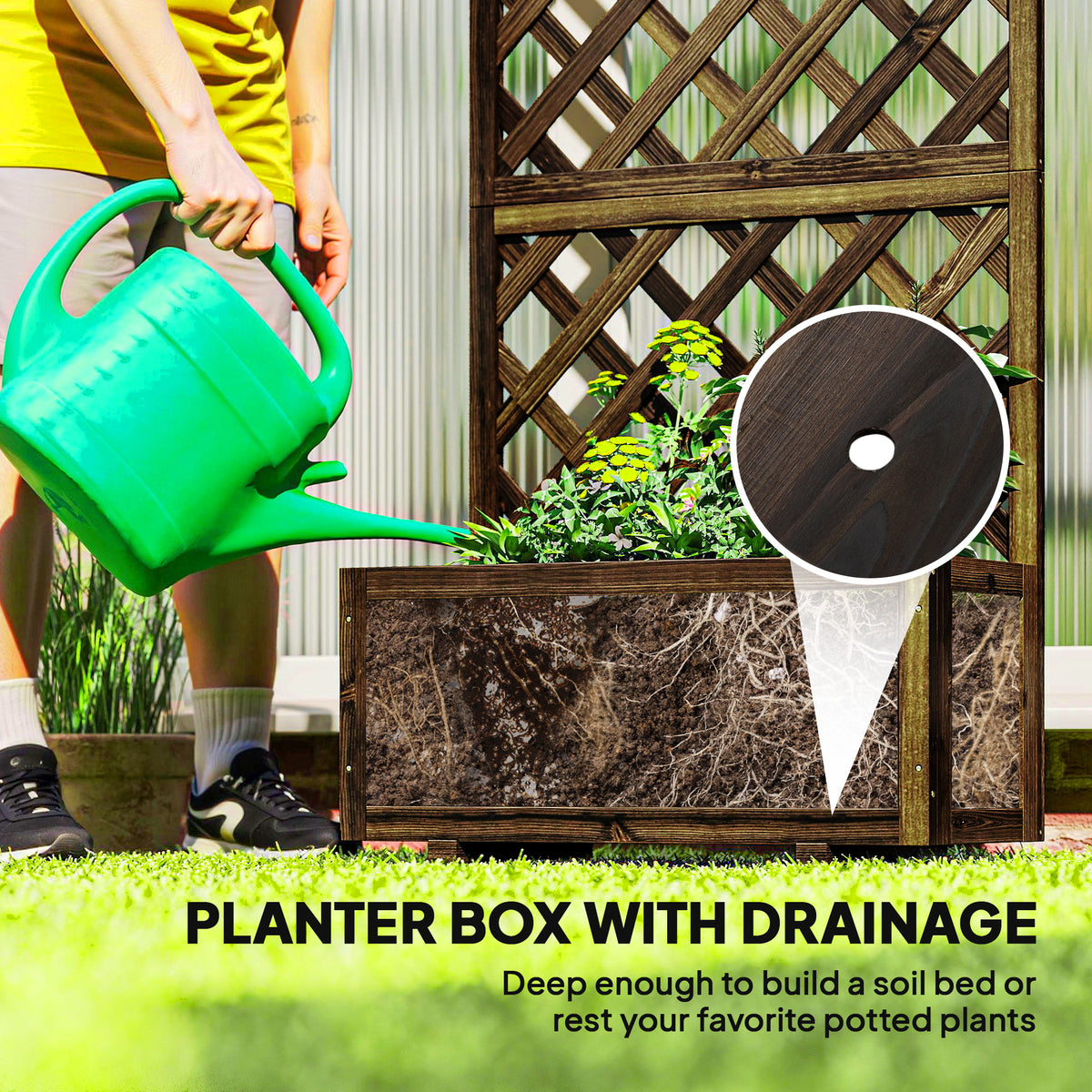 Outsunny raised planter with trellis and visible drainage hole