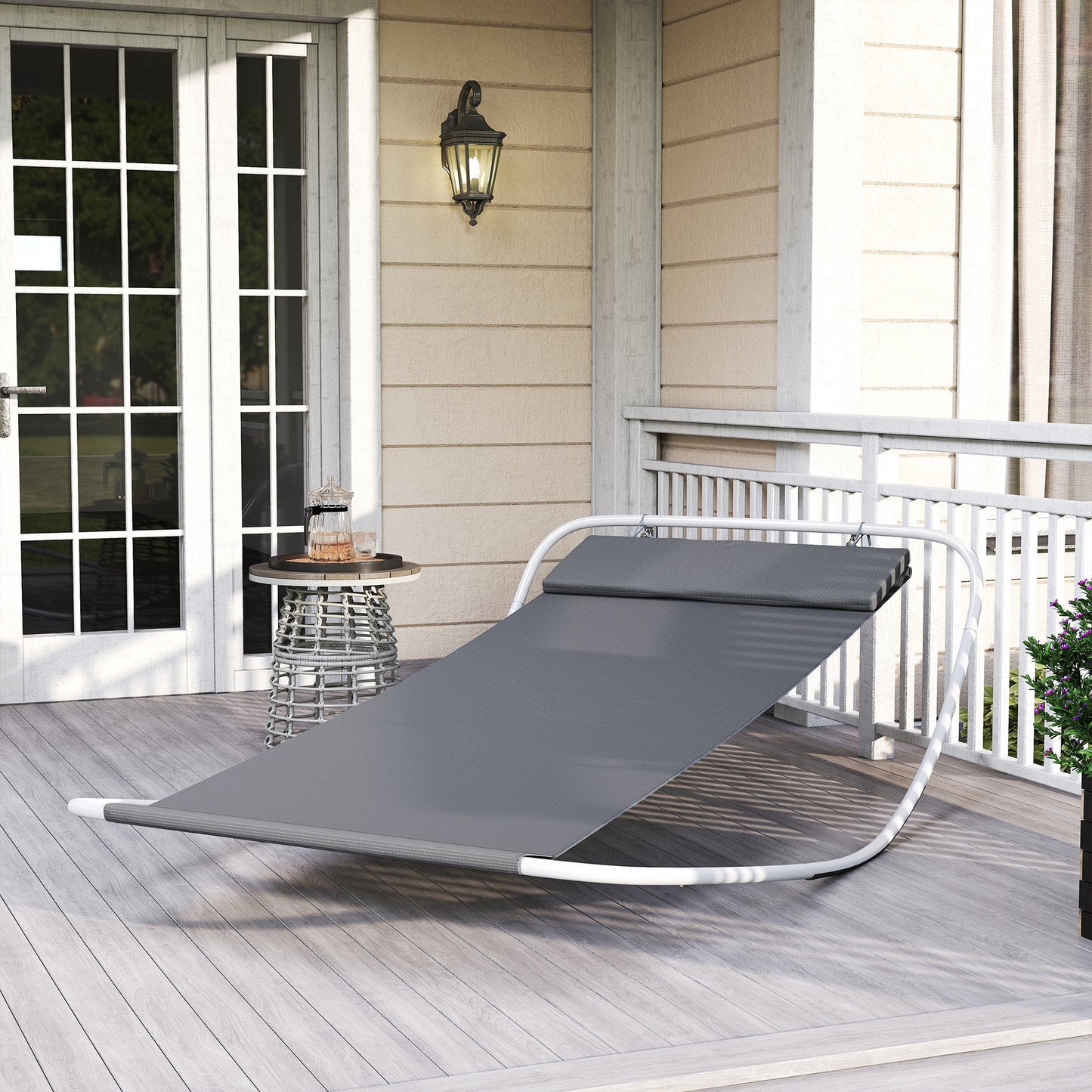 Outsunny Rocking Sun Lounger, Single Garden Lounger Sunbed with Headrest Pillows, Texteline Outdoor Rocking Chair Swing Hammock Daybed with Metal Frame for Patio, Terrace, 212 x 132 x 66 cm, Grey