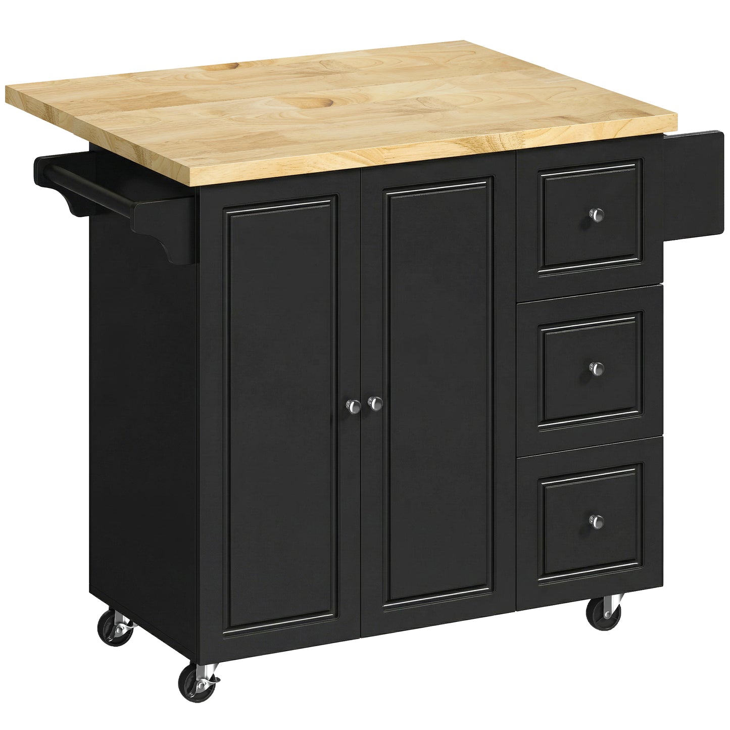 Photo of HOMCOM Kitchen Island on Wheels, Rolling Kitchen Storage Trolley with Drop Leaf, Drawers, Towel and Spice Rack, Black in Black colour on a white background