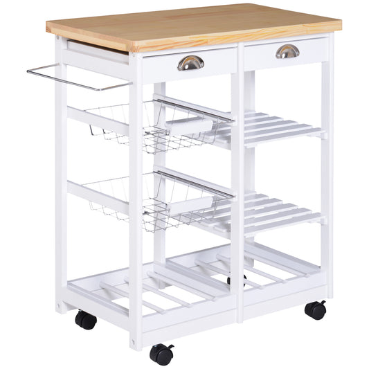 Photo of HOMCOM Rolling Kitchen Island Trolley Cart Drawer Shelves Basket Wheels W/  6 Bottle Wine Rack White in White colour on a white background