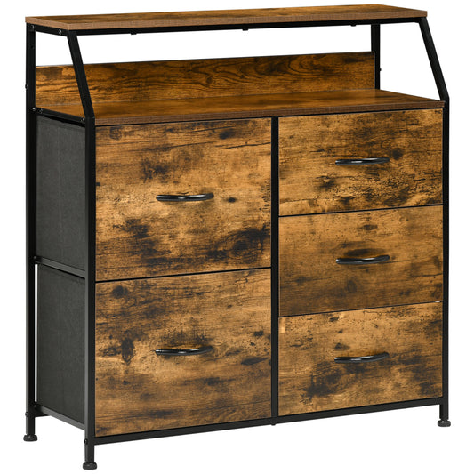 Photo of HOMCOM Bedroom Chest of Drawers, Industrial 5 Fabric Drawer Dresser with Open Shelf for Living Room, Rustic Brown in Brown colour on a white background