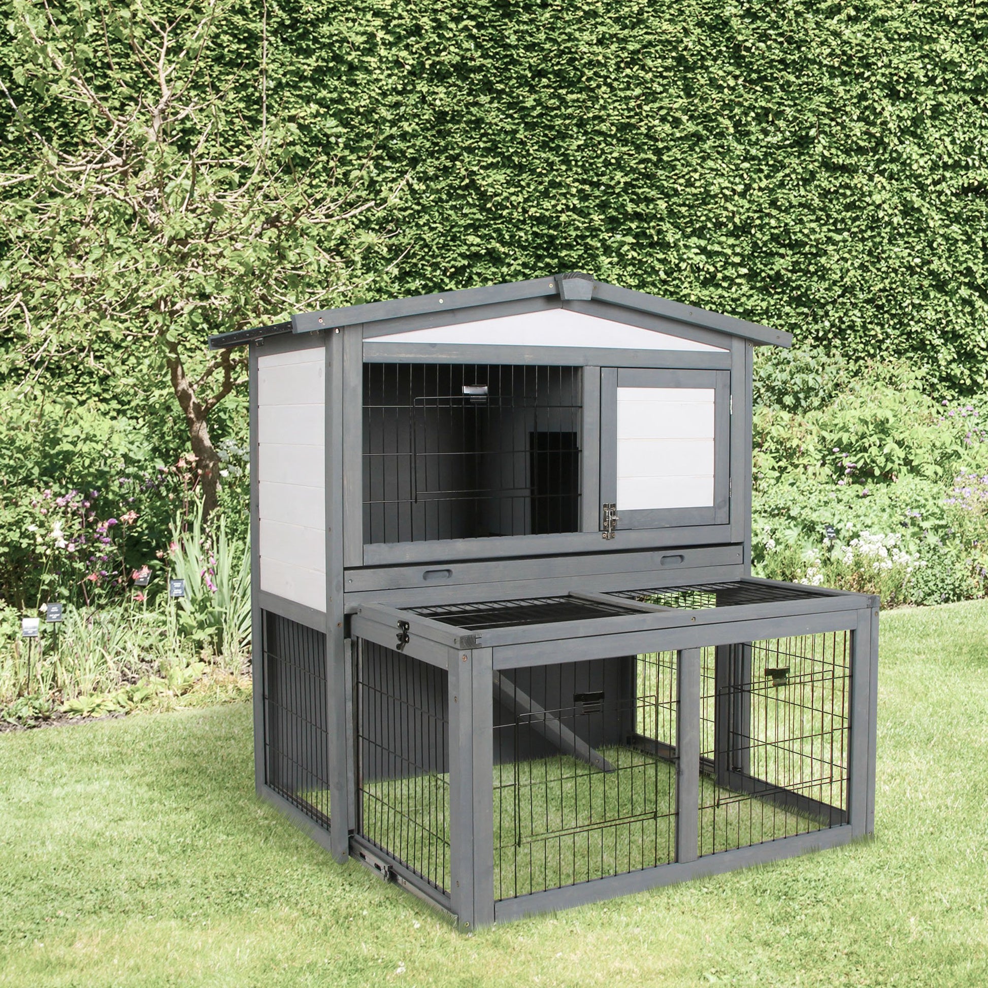 Photo of PawHut Rabbits 2-Tier Fur Wood Outdoor Hutch Guinea Pigs Hutches Grey in Grey colour on a white background