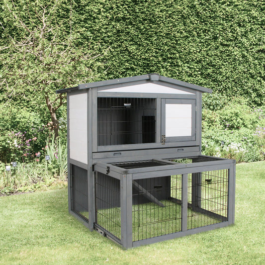 Photo of PawHut Rabbits 2-Tier Fur Wood Outdoor Hutch Guinea Pigs Hutches Grey in Grey colour on a white background