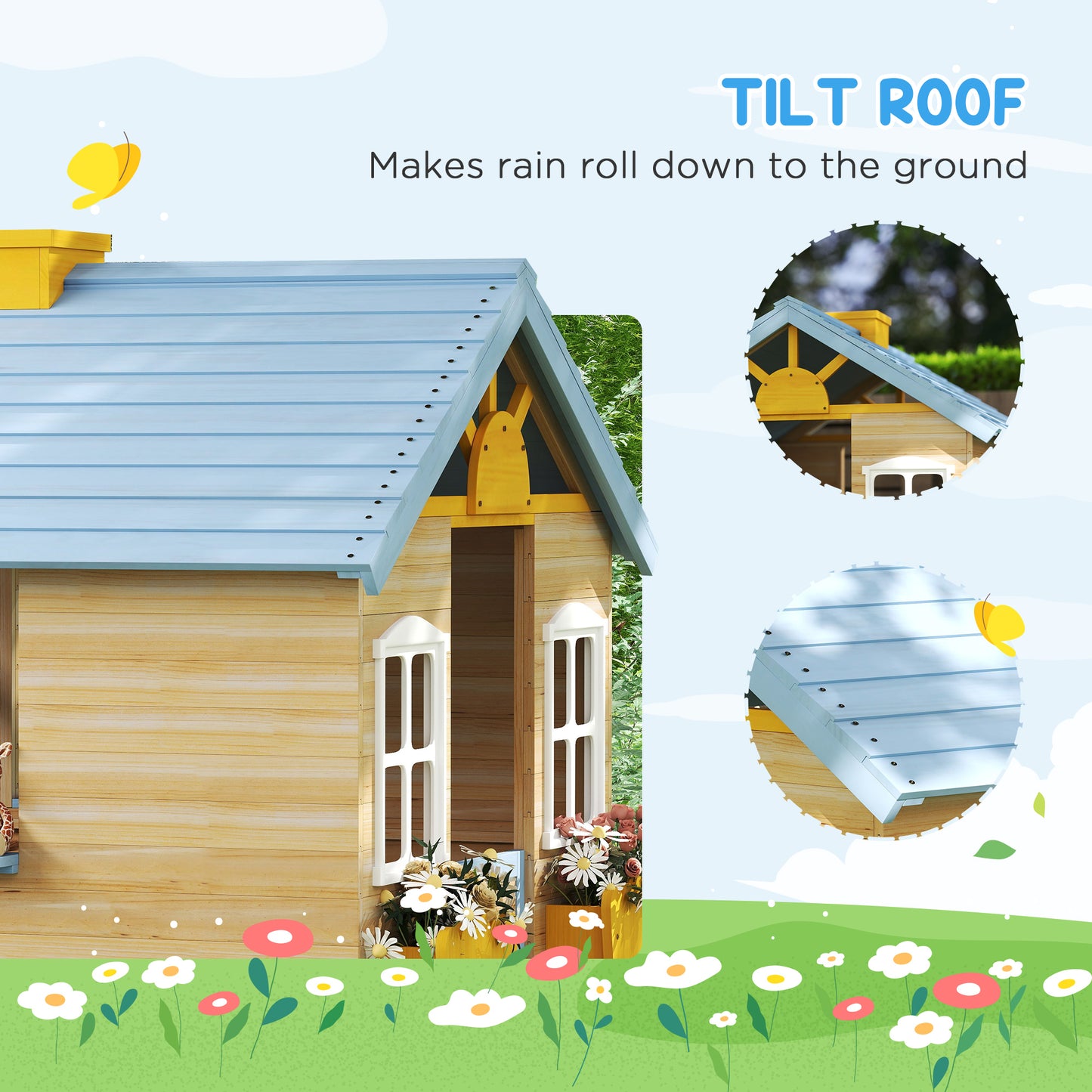 Outsunny Wooden Playhouse, Wendy House with Door, Bench, Flowerpot Holder, for Ages 3-7 Years, Blue