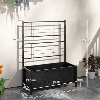 Black raised planter bed and trellis with dimensions marked