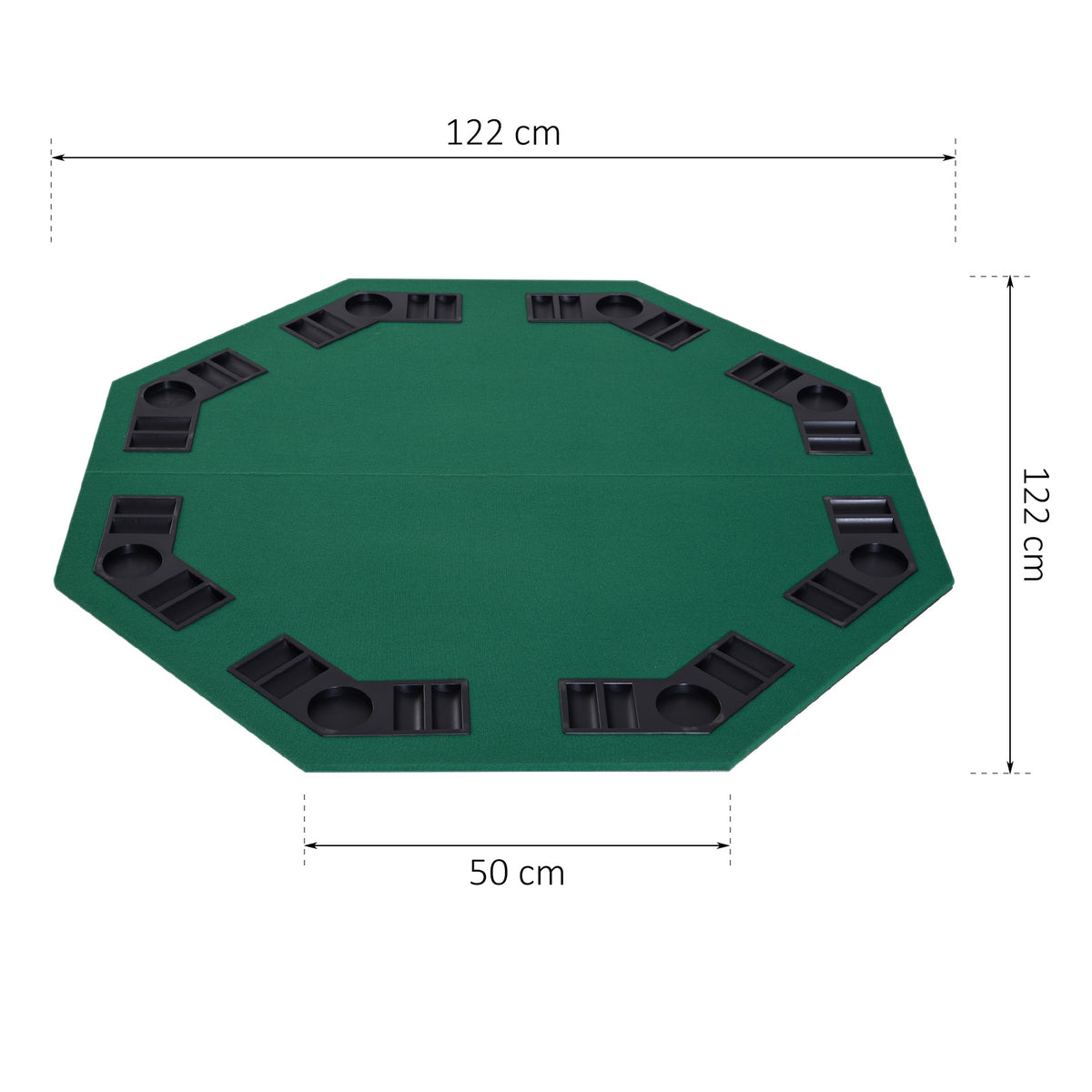 Octagonal poker table topper with eight player stations and 122 cm dimensions