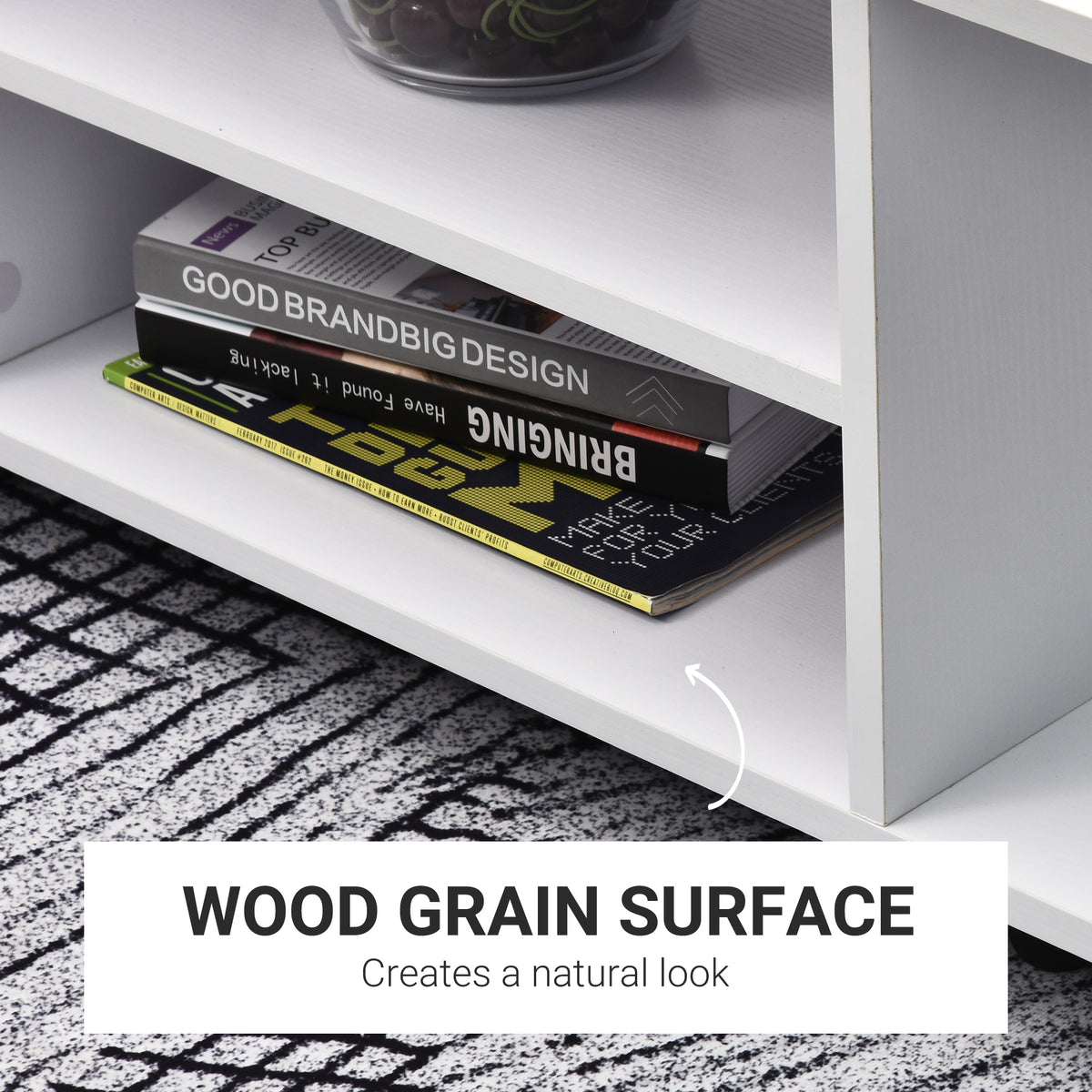 White TV cabinet shelf with a wood-grain surface and space for books