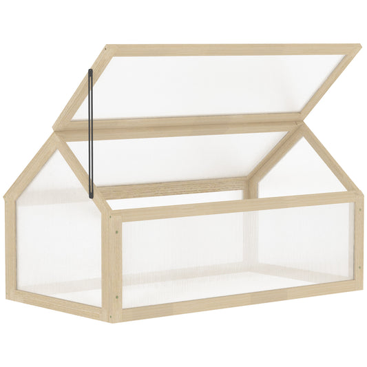 Photo of Outsunny Wooden Cold Frame Garden Polycarbonate Greenhouse with Openable Top Cover, Grow House for Flowers, Vegetables, Plants, 90 x 52 x 50cm, Natural in Natural colour on a white background