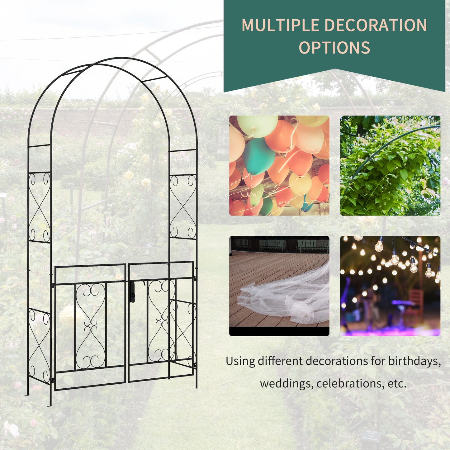 Outsunny Garden Arch with Double Gates, Metal Garden Arbor for Climbing Roses & Vines, Decorative Outdoor Archway for Backyard Pathways, Black