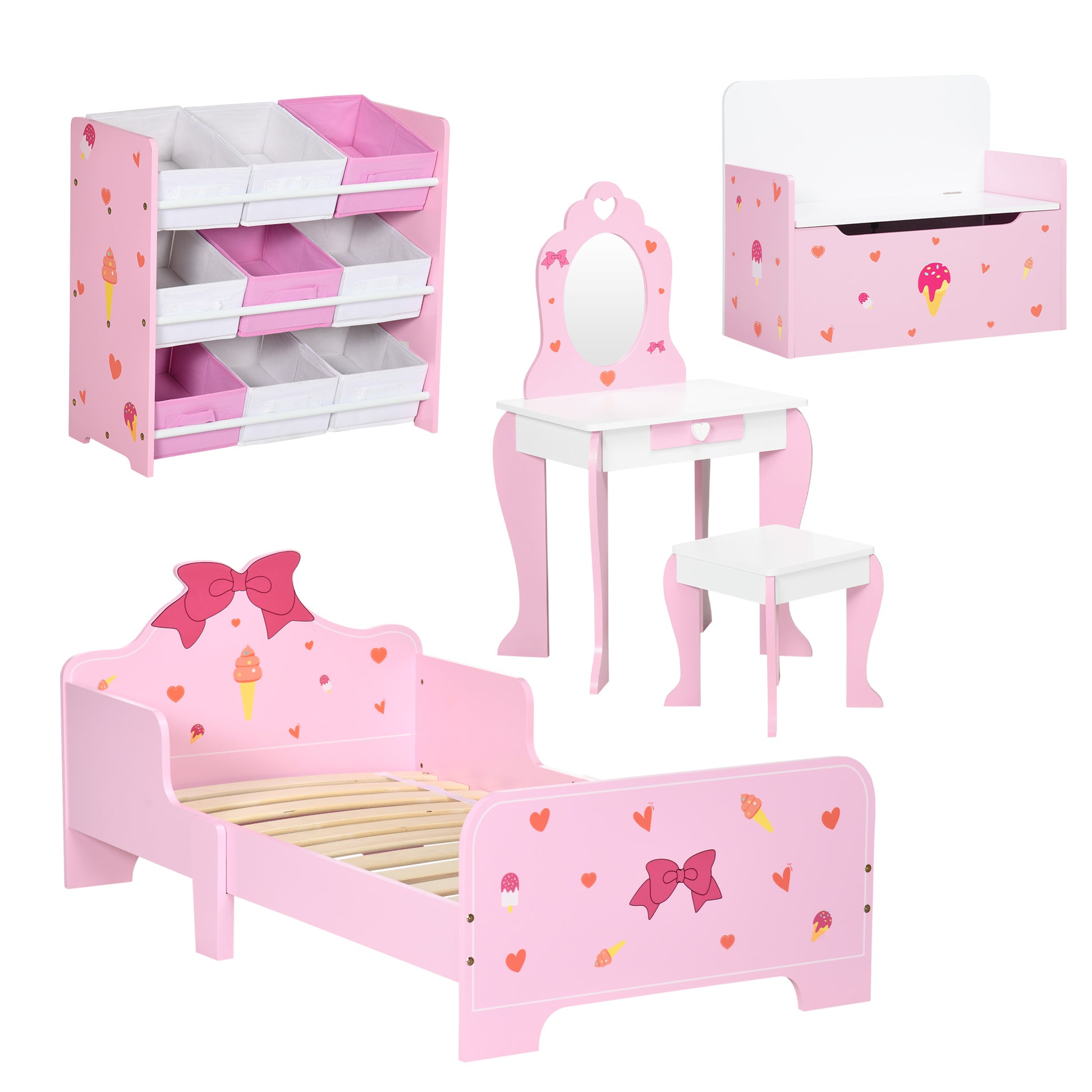 Photo of ZONEKIZ 5PCs Kids Bedroom Furniture Set with Bed, Toy Box Bench, Storage Unit, Dressing Table and Stool, Princess Themed, for 3-6 Years Old, Pink in Pink colour on a white background