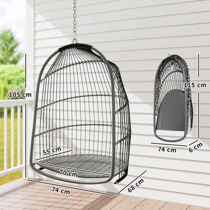 Foldable dark gray egg chair frame with dimensions shown, including its folded profile